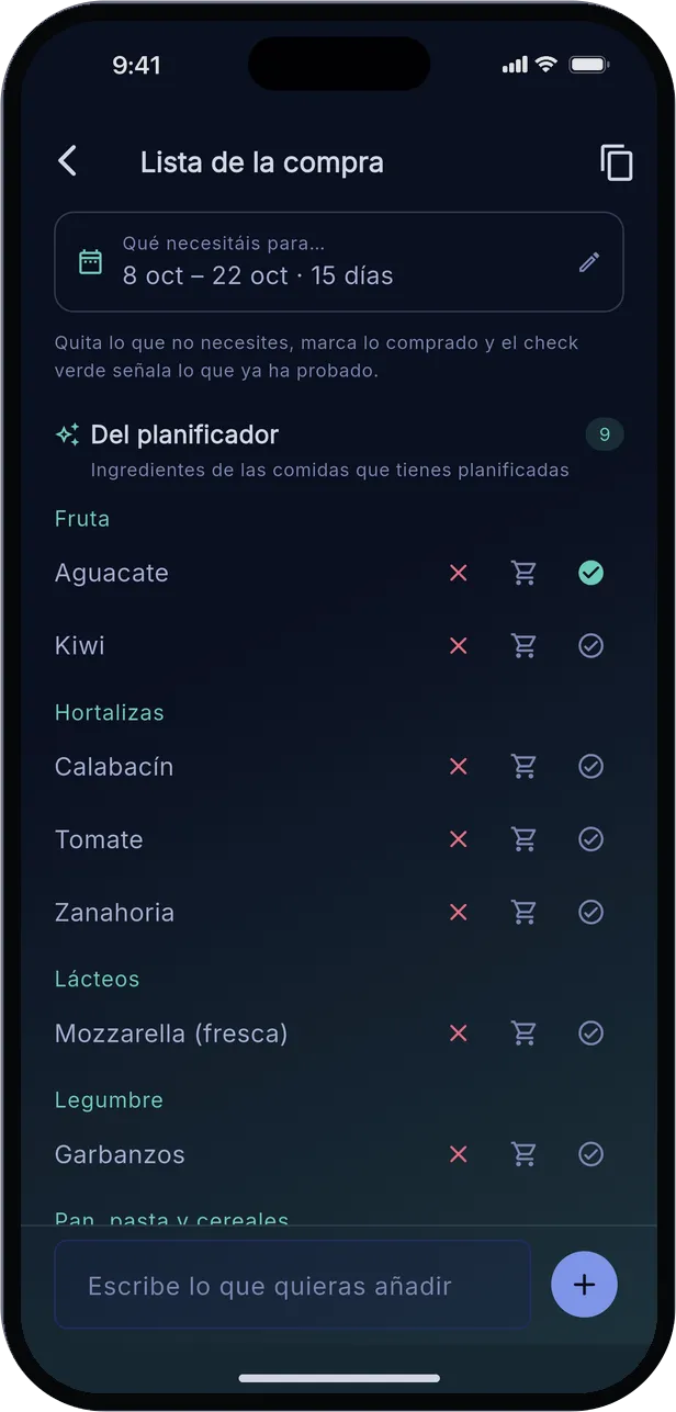 La lista de la compra de Nagarimo con los ingredientes del planificador